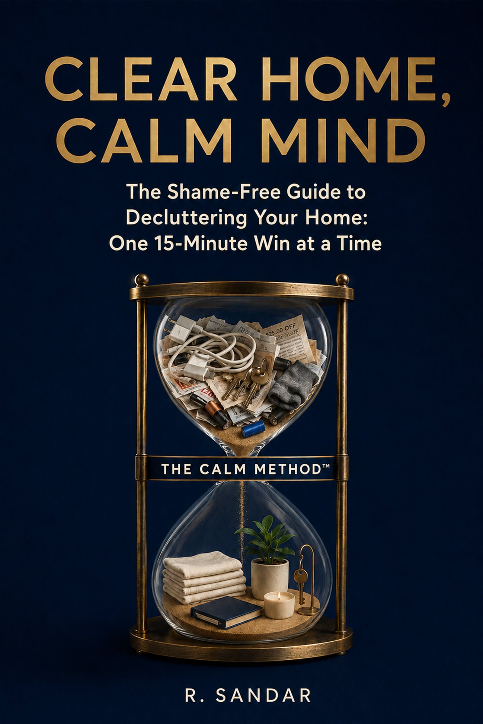 Clear Home, Calm Mind book cover — navy and gold hourglass design